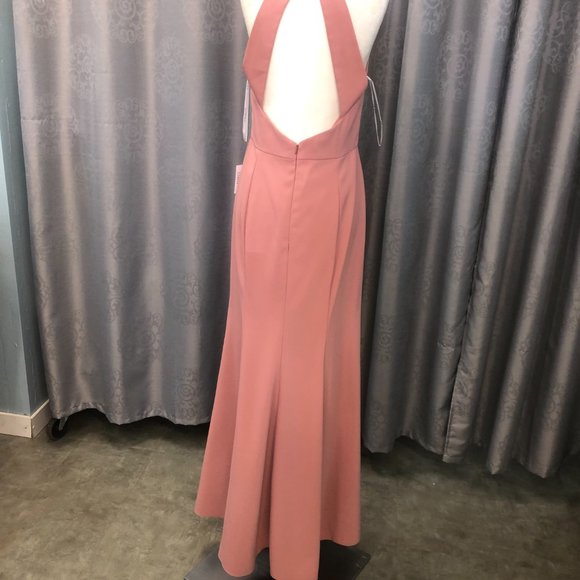 New Dessert Rose Crepe Dress, Halter Keyhole Back Bridesmaid Formal Leg Slit - Picture 10 of 14